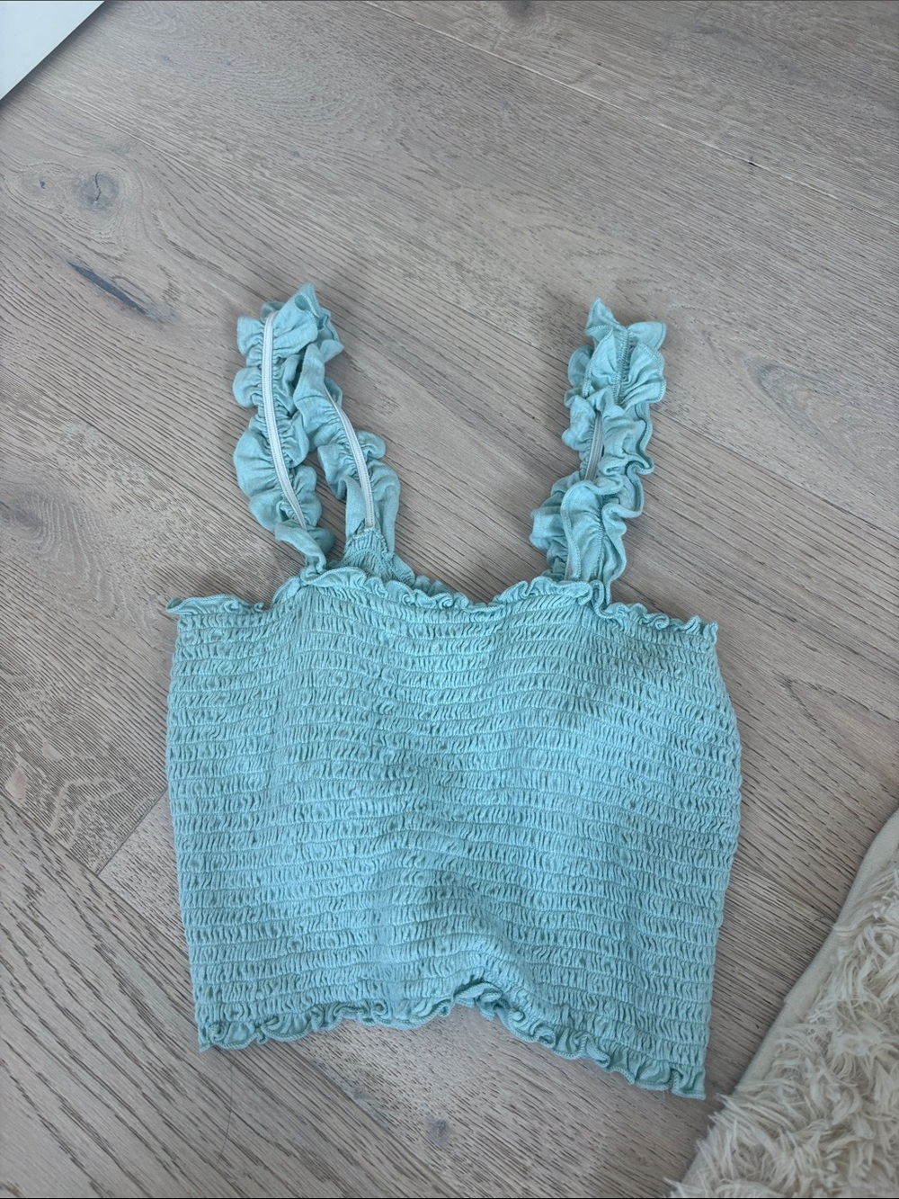 True Craft Aqua Smocked Ruffle Strap Crop Top